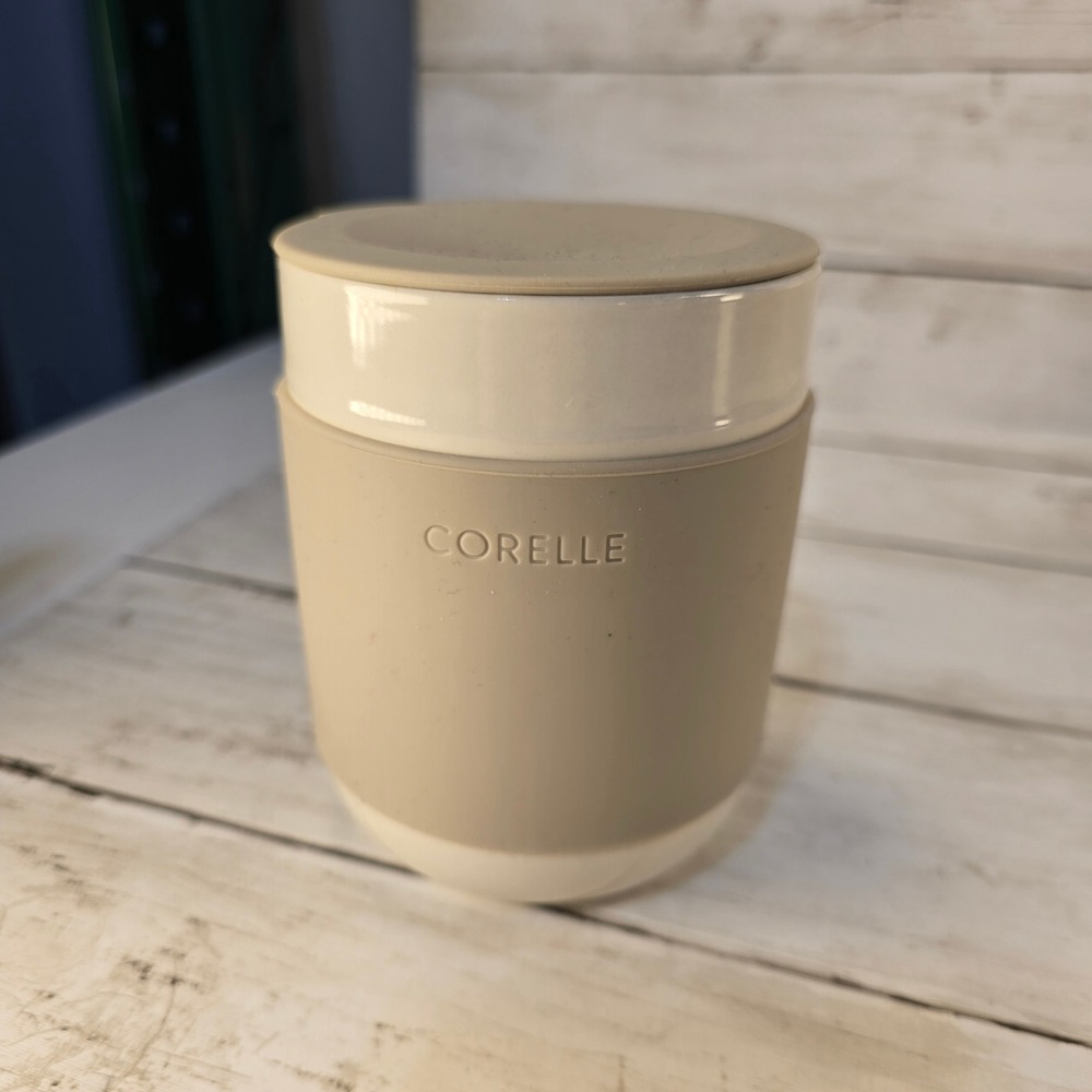 Corelle Handcrafted Stoneware Travel Mug with Silicone Sleeve and Lid Tan Cream